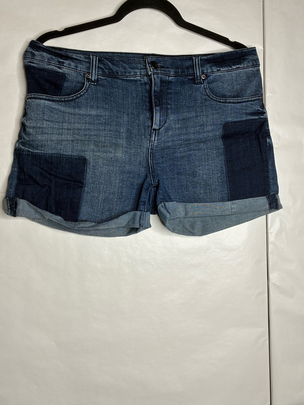 New York & Company Two-Tone Patch Denim Shorts - Blue